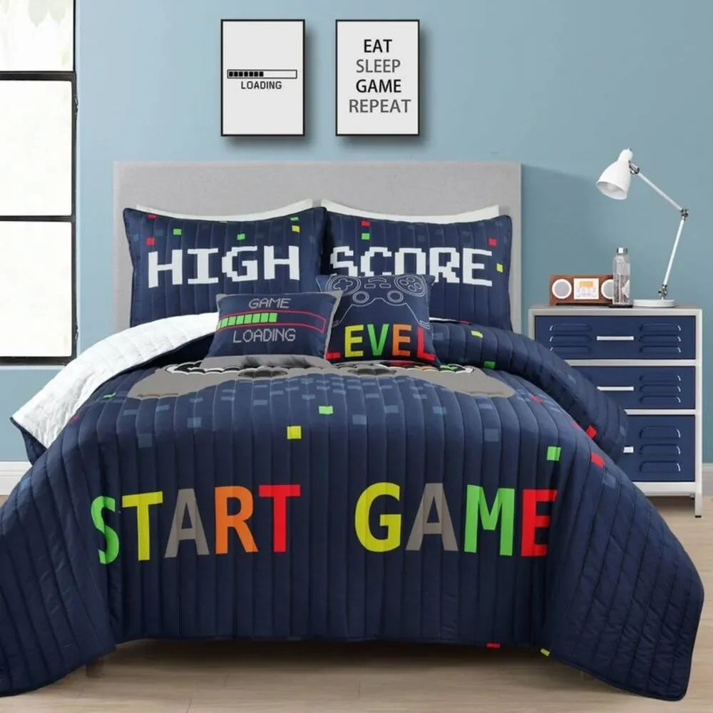 Lush Decor - 5pc Full/Queen Kids' Video Games Quilt Set Navy Bl Navy Blue - Picture 1 of 6